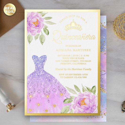 スパークルガウン薄紫パープルフローラキンセアニェラ金ゴールド 箔招待状