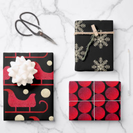 スパークルクリスマス 赤いラメ 円形 そりドット ラッピングペーパーシート