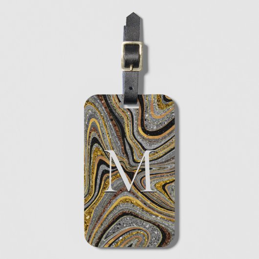 スパークルグラムグリッターガーリー大理石アートグレー金ゴールドルー ラゲッジタグ (正面縦)