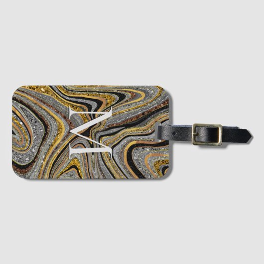 スパークルグラムグリッターガーリー大理石アートグレー金ゴールドルー ラゲッジタグ (正面横)
