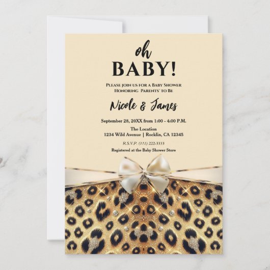 スパークルグラムヒョウ印刷ベビーシャワー 招待状 (正面)