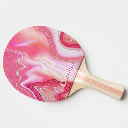 スパークルグリッターガーリーマーブルアートピンクシルバー 卓球ラケット (横)