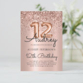 スパークルグリッターバラ金ゴールドバルーン12誕生日 招待状 (スタンド正面)