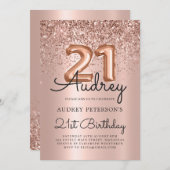 スパークルグリッターバラ金ゴールドバルーン21st誕生日 招待状 (正面/裏面)