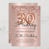スパークルグリッターバラ金ゴールドバルーン30th誕生日 招待状 (正面/裏面)