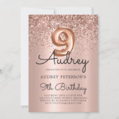 スパークルグリッターバラ金ゴールドバルーン9th誕生日 招待状 (正面)