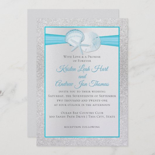 スパークルシェルトロピカルブルービーチ結婚式 招待状 (正面/裏面)