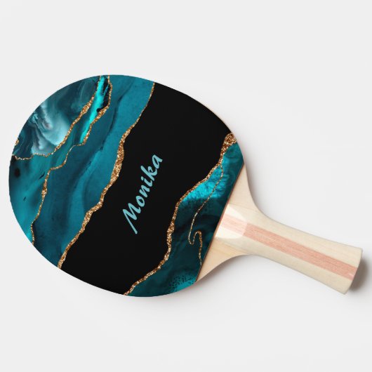 スパークルシックガーリーティール(緑がかった色)と金ゴールドグリッターアゲート 卓球ラケット (横)