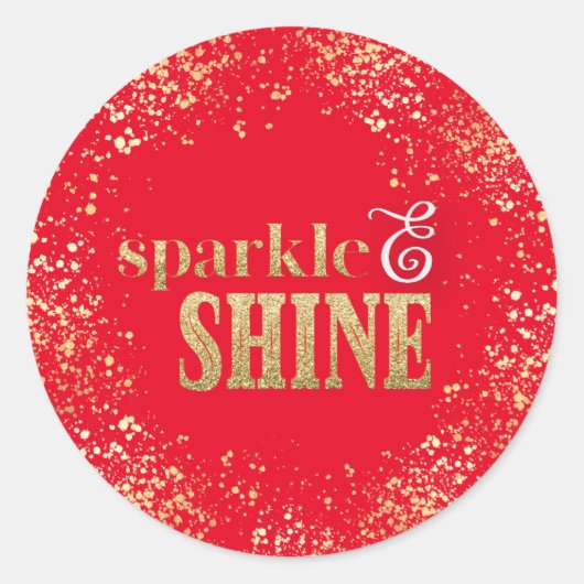 スパークルシャイン金ゴールドタイポグラフィ紙吹雪ホリデイレッド ラウンドシール (正面)