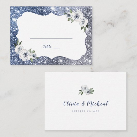 スパークルシルバーブルーグリッターとフローラ結婚ズ プレイスカード (正面/裏面)
