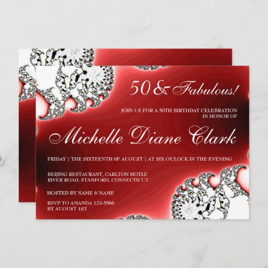 スパークルジュエリーレッドウィメンズ誕生日招待状 招待状 (正面/裏面)