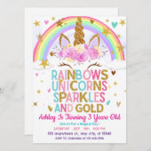 スパークルスアンド金ゴールドユニコーンレインボー誕生日 招待状 (正面/裏面)