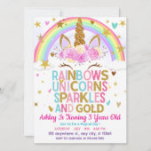スパークルスアンド金ゴールドユニコーンレインボー誕生日 招待状 (正面)