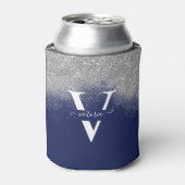 スパークルスシルバーグリッターモノグラムブルーパーソナライズされた 缶クーラー (缶正面)