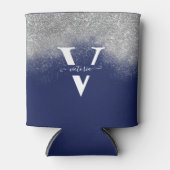 スパークルスシルバーグリッターモノグラムブルーパーソナライズされた 缶クーラー (正面)