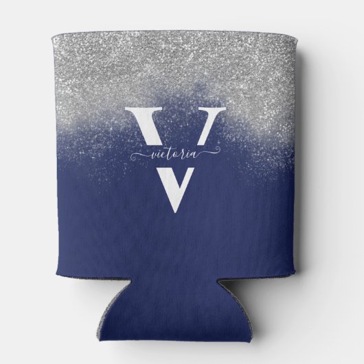 スパークルスシルバーグリッターモノグラムブルーパーソナライズされた 缶クーラー (裏面)