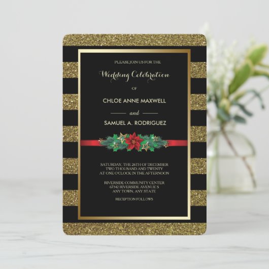 スパークルストライプクリスマスポインセチア結婚式 招待状 (スタンド正面)