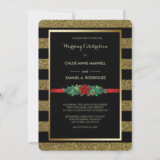 スパークルストライプクリスマスポインセチア結婚式 招待状 (正面)