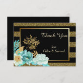 スパークルストライプ金ゴールドミントフローラ結婚ズ サンキューカード (正面/裏面)