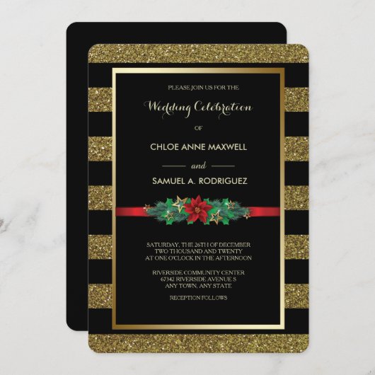 スパークルストライプ クリスマス ポインセチア ウェディング 招待状 (正面/裏面)