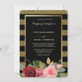 スパークルストライプ ピンク レッド ローズ ウェディング 招待状 (正面)