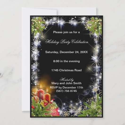 スパークルスノーフレークスキャンドルパインクリスマスパーティー 招待状 (正面)