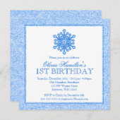 スパークルスノーフレークブルー1歳の誕生日 招待状 (正面/裏面)