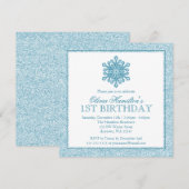 スパークルスノーフレーク ティール 1歳誕生日 招待状 (正面/裏面)