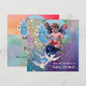 スパークルズのハートを持つ赤ちゃんの妖精とキスする鳩 シャンパン 招待状 (正面/裏面)