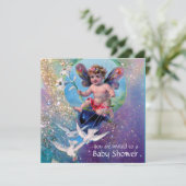 スパークルズのハートを持つ赤ちゃんの妖精とキスする鳩 シャンパン 招待状 (スタンド正面)