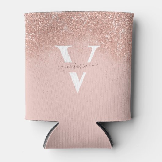 スパークルズ赤面ピンクグリッターモノグラムガーリーカスタム 缶クーラー (正面)