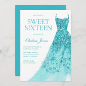 スパークルターコイズドレススウィート16パーティー 招待状 (正面/裏面)