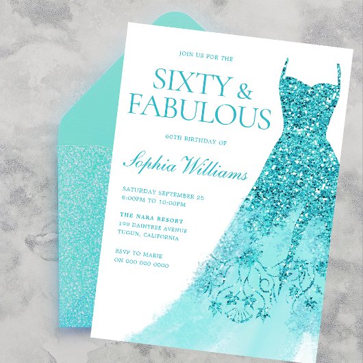 スパークルターコイズドレス 60歳の誕生日パーティー 招待状