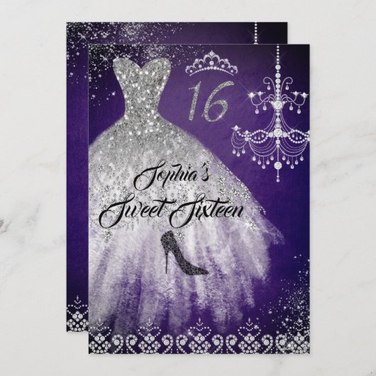 スパークルダイヤモンドドレスパープルシルバースウィート16 招待状 (正面/裏面)