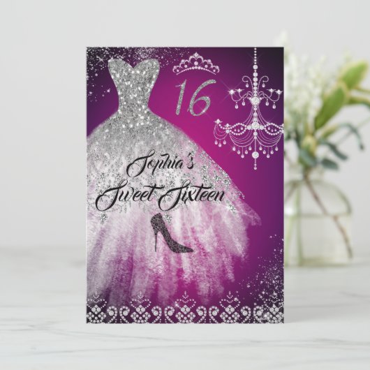 スパークルダイヤモンドドレスピンクシルバースウィート16 招待状 (スタンド正面)