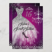 スパークルダイヤモンドドレスピンクシルバースウィート16 招待状 (正面/裏面)