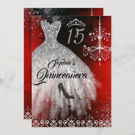 スパークルダイヤモンドドレスレッドシルバーブラックキンセアニェラ 招待状 (正面/裏面)