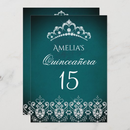 スパークルティアラシルバーティール（緑がかった色）キンセアニェラ招待状 招待状 (正面/裏面)