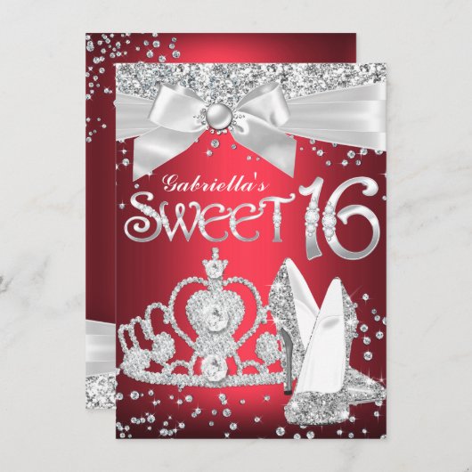 スパークルティアラヒールズスウィート16招待状レッド 招待状 (正面/裏面)