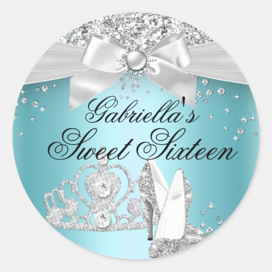 スパークルティアラヒールティール(緑がかった色)スウィート16ステッカー ラウンドシール (正面)