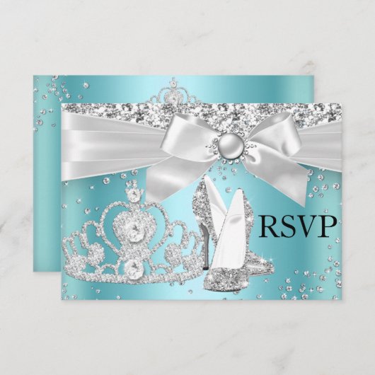 スパークルティアラヒールティール（緑がかった色）スウィート16出欠 出欠カード (正面/裏面)