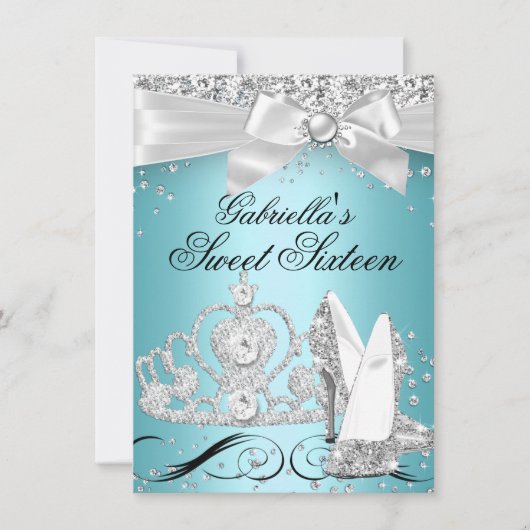 スパークルティアラヒールティール(緑がかった色)スウィート16 招待状 (正面)