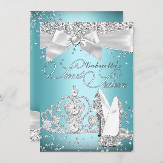 スパークルティアラ&ヒールSweet sixteenブルー 招待状 (正面/裏面)