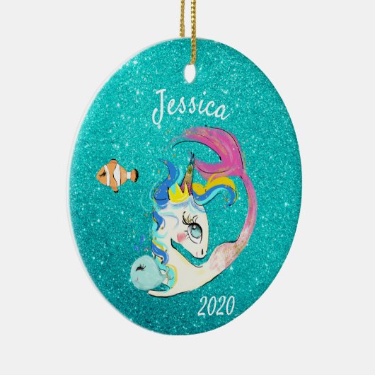 スパークルティール(緑がかった色)マーメイドユニコーンパーソナライズされたグリッター セラミックオーナメント (右)