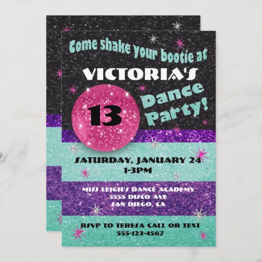 スパークルディスコダンスパーティの招待状 招待状 (正面/裏面)