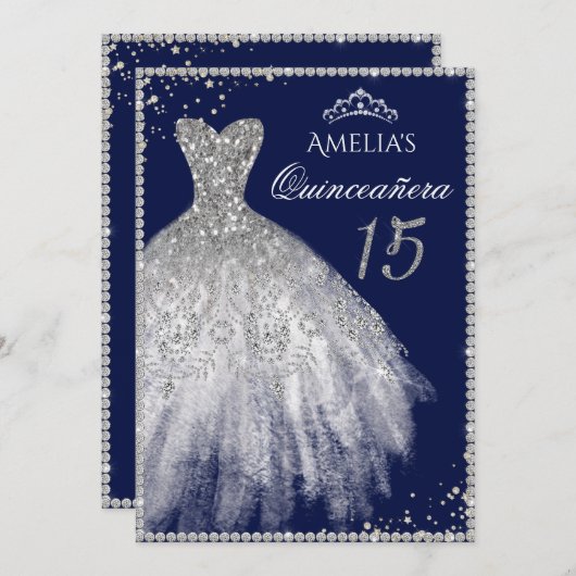 スパークルドレスシルバーネイビーキンセアニェラ招待状 招待状 (正面/裏面)