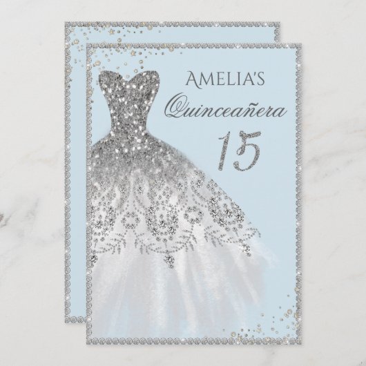 スパークルドレスシルバーブルーキンセアニェラ招待状 招待状 (正面/裏面)