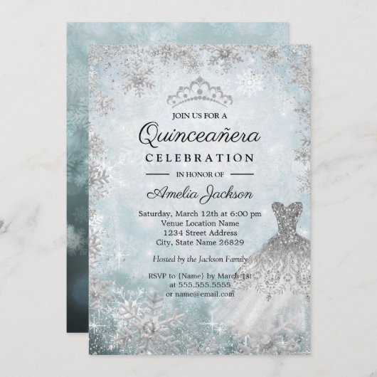 スパークルドレススノーフレークスブルーウィンターキンセアニェラ 招待状 (正面/裏面)