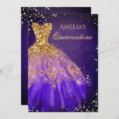スパークルドレスパープル金ゴールドキンセアニェラ招待状 招待状 (正面/裏面)