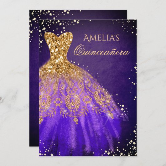 スパークルドレスパープル金ゴールドキンセアニェラ招待状 招待状 (正面/裏面)